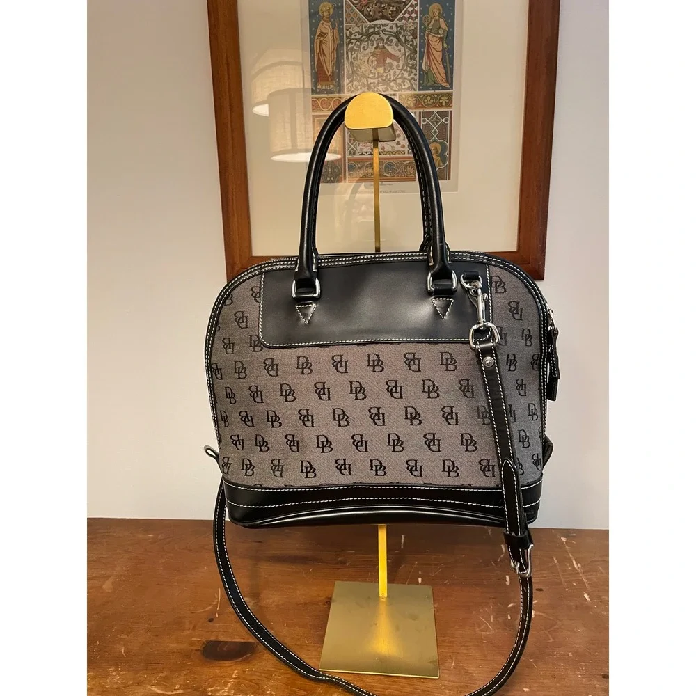 Dooney & Bourke Monogrammed Dome Satchel Bag‎ Black Grey Leather Trim